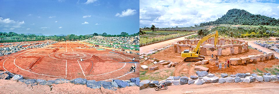 Las piedras, elementos esenciales para la creación de Nong Nooch. Aquí dos fotos históricas que muestran los trabajos para el Jardín a la francesa y Stonehenge © Mazza