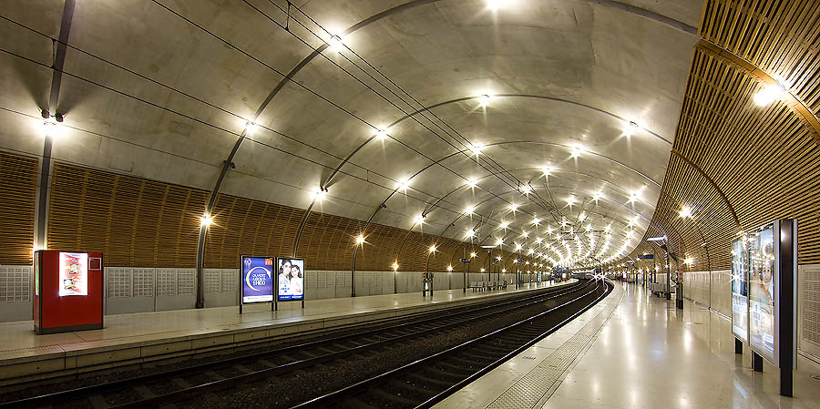 Monaco: railway tracks under a vault of stars in the underground Train Station