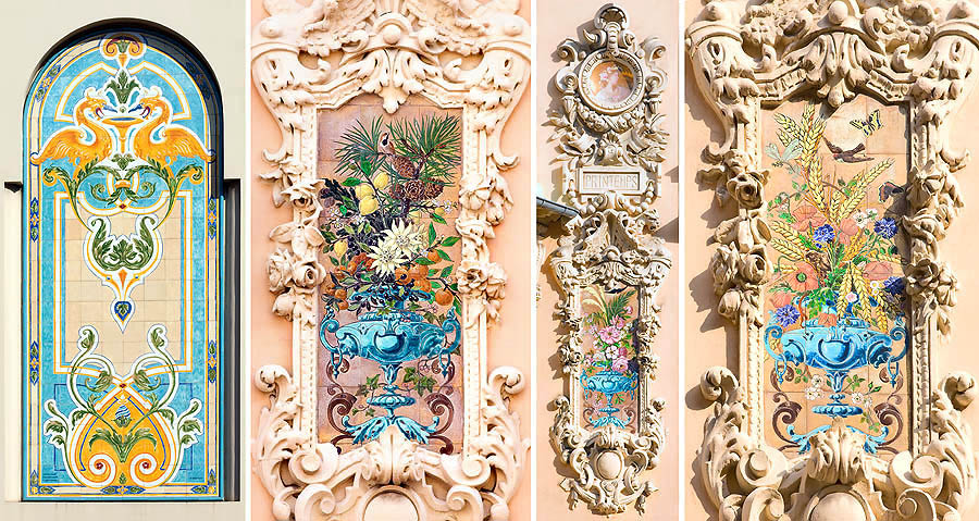 Monaco: Belle Époque ceramics on a side of the Café de Paris and in Rue des Açores