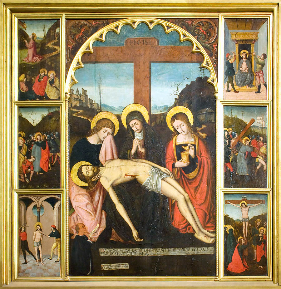 La Pietà, dite du Curé Antoine Teste. Polyptique commandé à Louis Bréa, par le curé de Saint Nicolas et terminé le 1er avril 1505. Ici encore, on remarque, en bas à gauche, la miniature du commanditaire en prière.