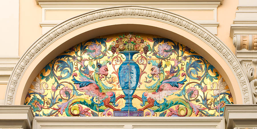 Belle Époque ceramics., Monaco Principality Another Belle Époque decoration in Avenue de Grande Bretagne. At the Universal Exposition of Vienna, in 1873, Monaco was remarked for its ceramics, introduced by Mrs. Marie Blanc , wife of the Casino director. Actually, they had been made in the Pyrenees, not in Monaco, by the ceramics maker Fischer. The success was such, that he was called in Monaco to direct the "Monte Carlo Artistic Ceramics Factory".