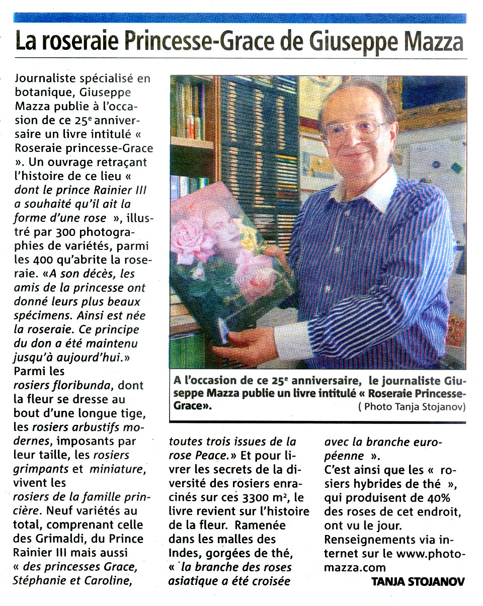 Articolo di Monaco Matin del 14 giugno 2009 per l'uscita del libro sul Roseto Princesse Grace de Monaco 