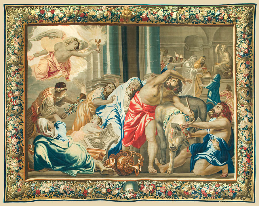 Monaco-Ville: Cappella della Visitation. Arazzo" Il Trionfo dell'Eucarestia " sui sacrifici pagani realizzato da Jean Franc Van Den Hecke, intorno al 1691, secondo un cartone di Rubens del 1625-26.