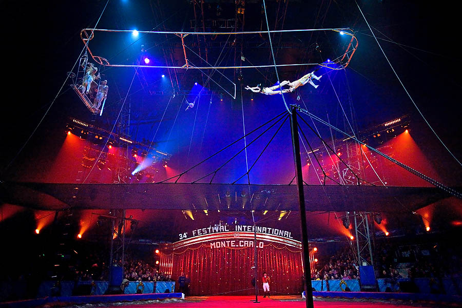 Festival Internazionale del Circo di Montecarlo: il trapezio volante è una delle più belle discipline. Qui si esibiscono i " Flying Michaels " del Brasile, un numero che prevede anche tripli salti mortali con gli occhi bendati ... e la protezione di una rete.