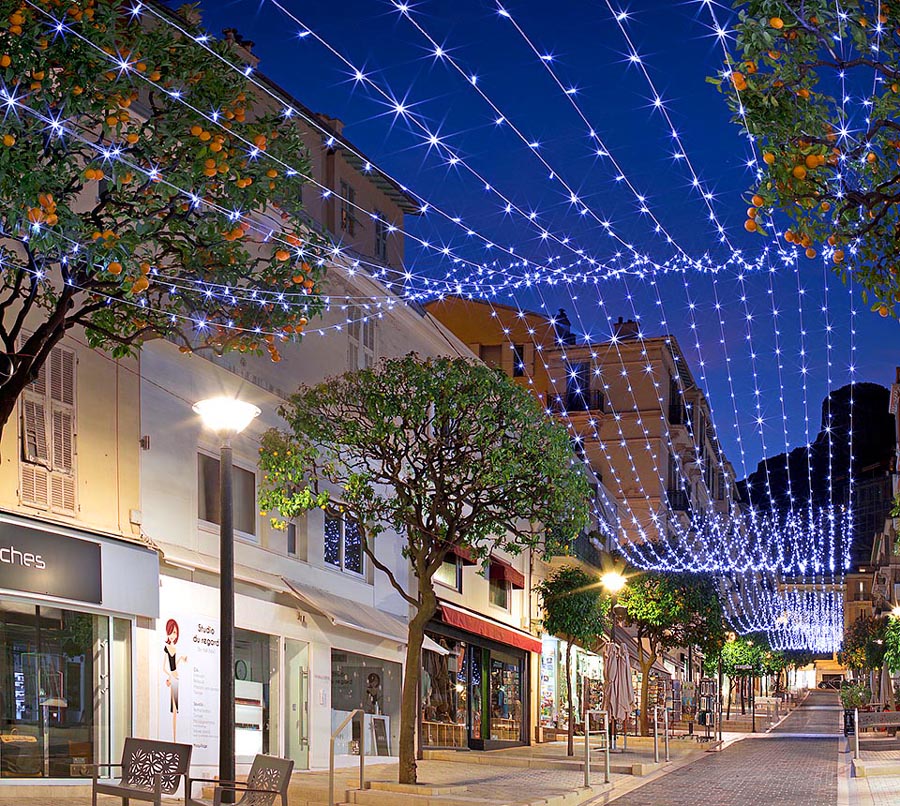 Enchanting dusk, Princess Caroline pedestrians’ street, Monaco Principality