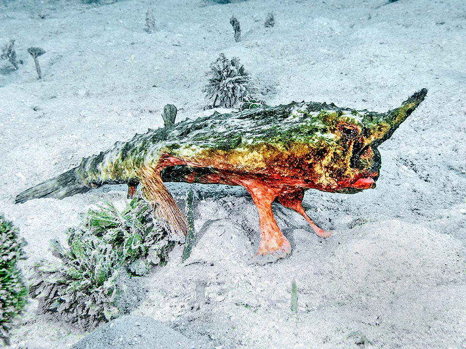 Il Pesce pipistrello dal ventre rosso o Pesce pipistrello unicorno (Ogcocephalus nasutus) può spostarsi a 4 zampe sui fondali fino a 300 m di profondità.